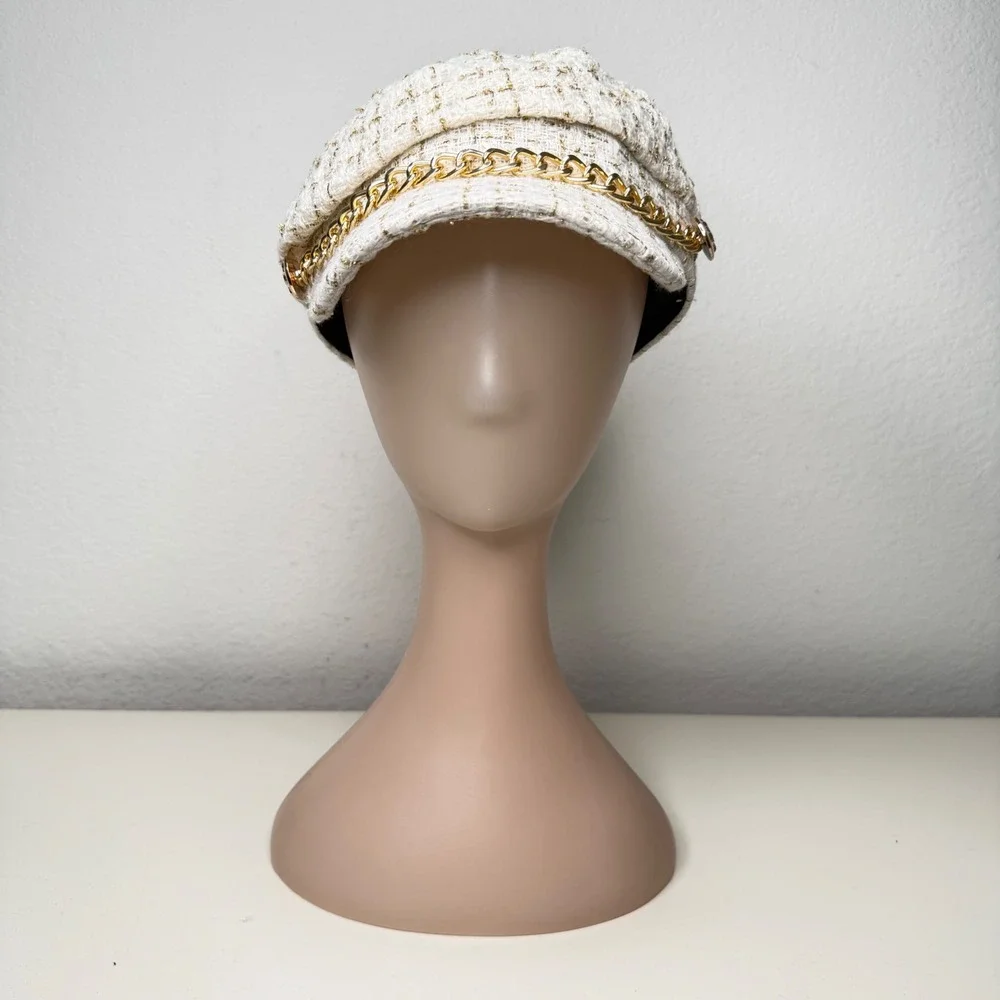 Unbranded Newsboy Cap Women Ivory Gold Tweed Chain Baker Boy Hat One Size